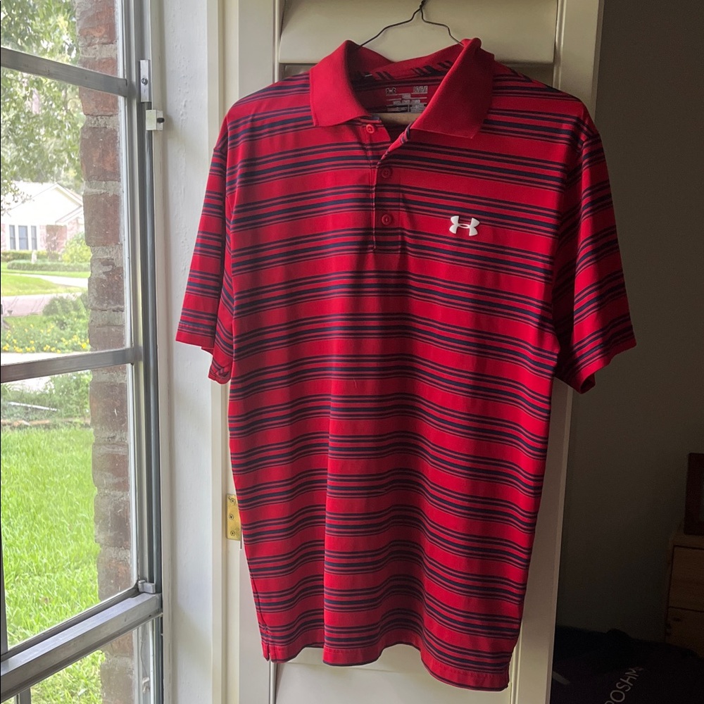 4/$25 SALE Men's Under Armor Polo Red Black Stripes Shirt Large